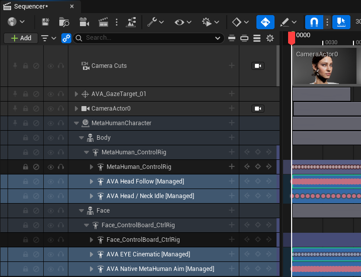 AVA-managed секції після генерації у Level Sequencer