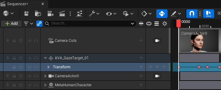AVA Gaze Target у світовому просторі та його Transform track у Sequencer